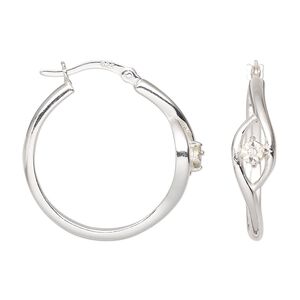 Earring, Create Compliments®, sterling silver and cubic zirconia, clear, 25mm round hoop with hinged closure. Sold per pair.