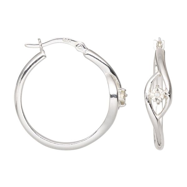 Earring, Create Compliments®, sterling silver and cubic zirconia, clear, 25mm round hoop with hinged closure. Sold per pair. image number 0