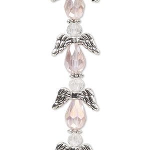 Bead, crystal and antique silver-plated "pewter" (zinc-based alloy), translucent pink AB and clear, 17x14mm angel. Sold per pkg of 6.