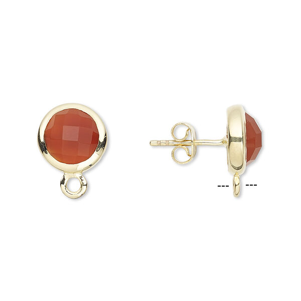 Earstud, carnelian (dyed / heated) and gold-finished brass, 10mm round with closed loop. Sold per pair. image number 0
