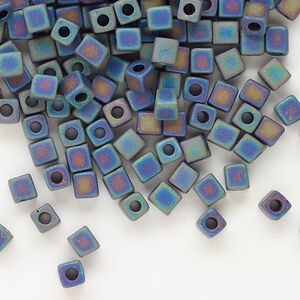 Seed bead, Miyuki, glass, pkg/25g, 3.5-3.7mm square, opaque frosted rainbow black (SB-401FR).