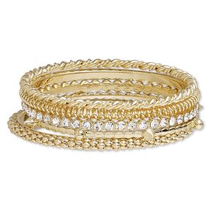 Bracelet, bangle, glass rhinestone with gold-finished steel and "pewter" (zinc-based alloy), clear, 3-5mm wide, 8 inches. Sold per 5-piece set.