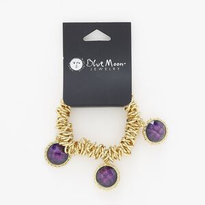 Bracelet, stretch, acrylic / gold-finished "pewter" (zinc-based alloy) / steel, purple, 12mm wide with 20mm round, adjustable from 6-1/2 to 8-1/2 inches. Sold individually.