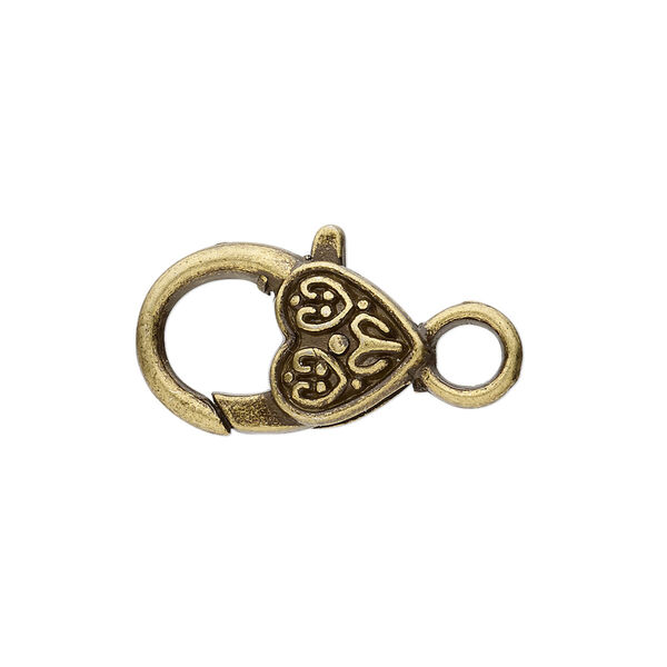 Clasp, lobster claw, antique brass-plated "pewter" (zinc-based alloy), 19.5x12.5mm with double-sided fancy heart design. Sold per pkg of 8. image number 0