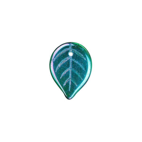 Bead, Czech pressed glass, emerald green AB, 18.5x14mm top-drilled leaf. Sold per 15-1/2" to 16" strand, approximately 100 beads. image number 0
