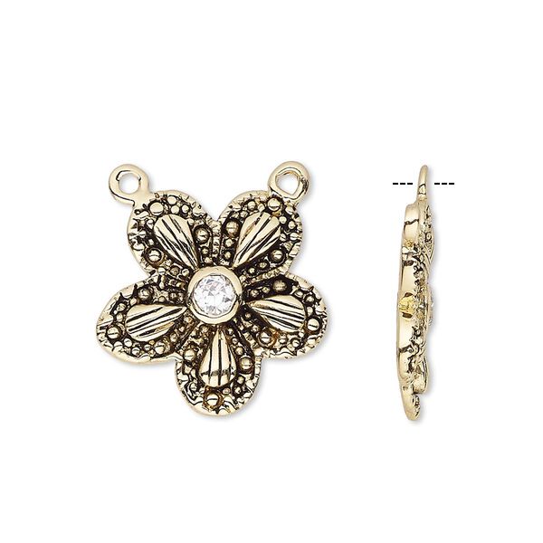 Connector, cubic zirconia and antique gold-finished bronze, clear, 19x19mm single-sided flower with 4mm faceted round and closed loops. Sold individually. image number 0