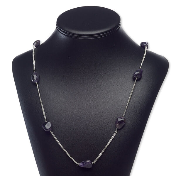Necklace, amethyst (natural / dyed) with silver-finished brass and steel, small to medium hand-cut nugget, 26 inches with S-hook clasp. Sold individually. image number 0