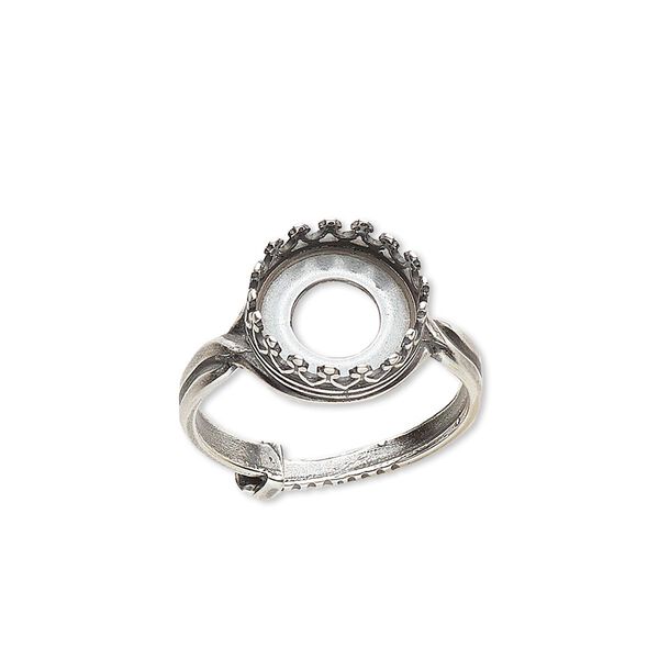 Ring, JBB Findings, antique silver-plated brass, 12mm round with 10mm round bezel setting, adjustable from size 6-8. Sold individually. image number 0