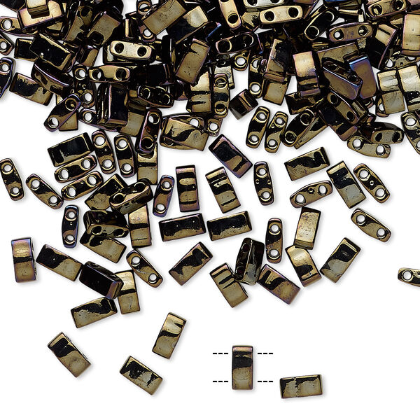 Seed bead, TILA®, glass, pkg/10g, 5x2.3mm half tila rectangle, opaque metallic rainbow dark olive, (HTL-458). image number 0