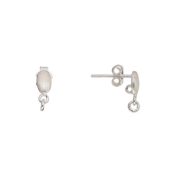 Earstud, satin-finished sterling silver, 8.5x4mm teardrop with 3mm closed jump ring and 2 closed loops. Sold per pair. image number 0