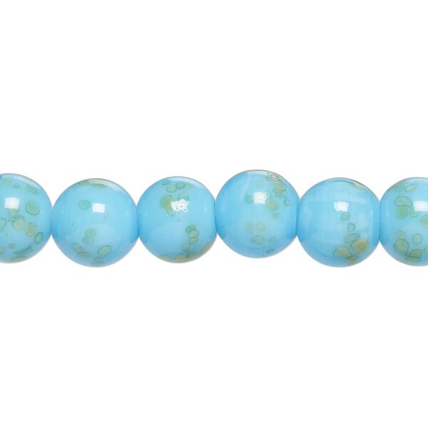 Bead, glass, pkg/8 inches, 9mm round, opaque turquoise blue and yellow. image number 0