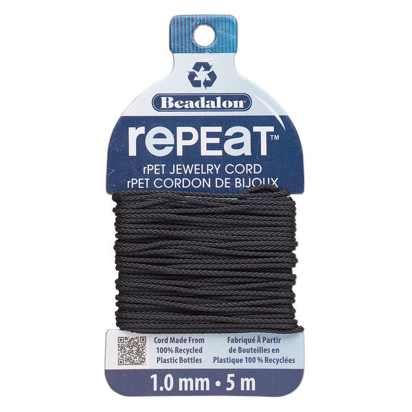 Cord, Beadalon® RePEaT™, recycled polyethylene, black, 1mm, 100-pound test. Sold per 5-meter card. image number 0