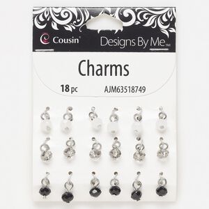 Drop, silver-finished steel and glass, black / grey / white, 6x5mm rondelle. Sold per pkg of 18.