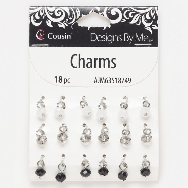 Drop, silver-finished steel and glass, black / grey / white, 6x5mm rondelle. Sold per pkg of 18. image number 0