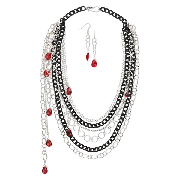 Necklace and earring set, One of a Kind jewelry, sterling silver / anodized aluminum / glass, black and red, 24-inch necklace. Only one available. image number 0