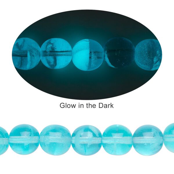Bead, Czech glass druk, transparent aqua blue and glow-in-the-dark, 8mm round. Sold per 8-inch strand, approximately 25 beads. image number 0