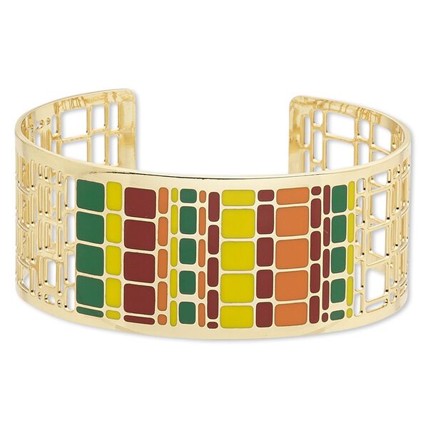 Bracelet, Avant-Garde Jewelry Collection™, cuff, enamel and gold-plated brass, multicolored, 30mm wide with cutout and geometric design, adjustable from 7-8 inches. Sold individually. image number 0