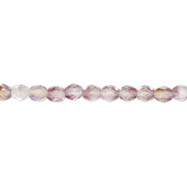 Bead, Czech fire-polished glass, two-tone, crystal/amethyst purple AB, 4mm faceted round. Sold per 15-1/2" to 16" strand. image number 0