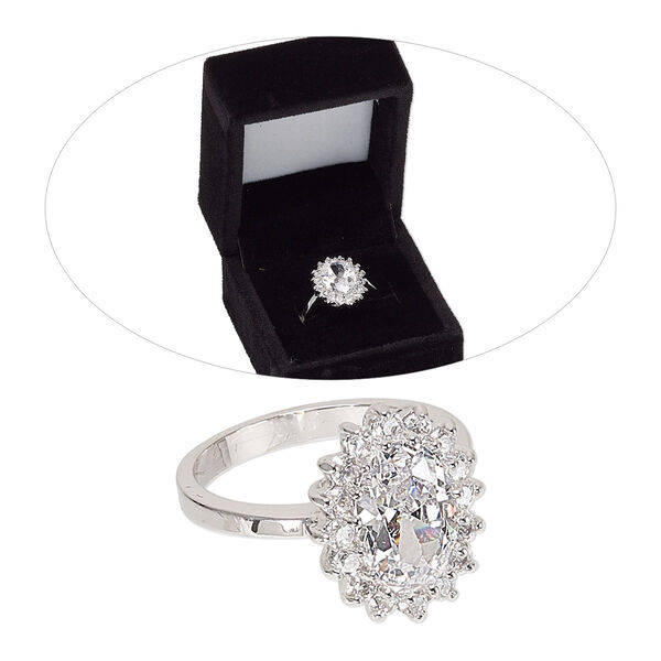 Ring, cubic zirconia and rhodium-finished brass, clear, 17mm fancy oval, size 8. Sold individually. image number 0