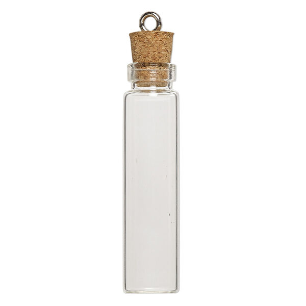 Component, glass / cork / nickel-finished steel, clear, 45x11mm bottle with stopper and screw eye. Sold per pkg of 10. image number 1