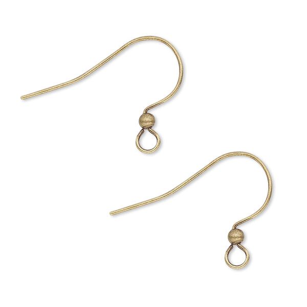Ear wire, antique gold-plated brass, 17mm fishhook with 2.5mm ball and open loop, 22 gauge. Sold per pkg of 250 pairs. image number 0