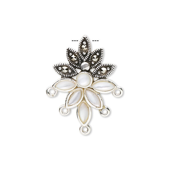 Drop, sterling silver / marcasite / mother-of-pearl shell (bleached), 23x17mm fancy drop with hidden top loop and 5 bottom loops. Sold individually. image number 0
