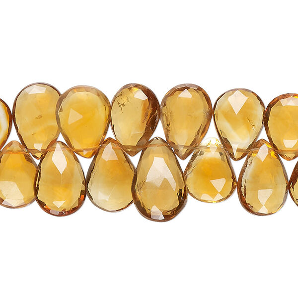 Bead, golden citrine (heated), 10x7mm-12x9mm hand-cut top-drilled faceted puffed teardrop, B+ grade, Mohs hardness 7. Sold per 8-inch strand, approximately 50 beads. image number 0