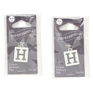 Drop, silver-finished "pewter" (zinc-based alloy) and steel, 16x15mm square with cutout alphabet letter "H." Sold per pkg of 2.