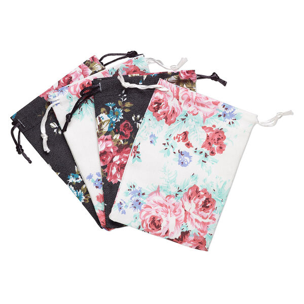 Pouch, cotton and satin, black / white / multicolored, 4-3/4 x 3-3/4 inch rectangle with leaf and rose pattern with drawstring. Sold per pkg of 4. image number 0