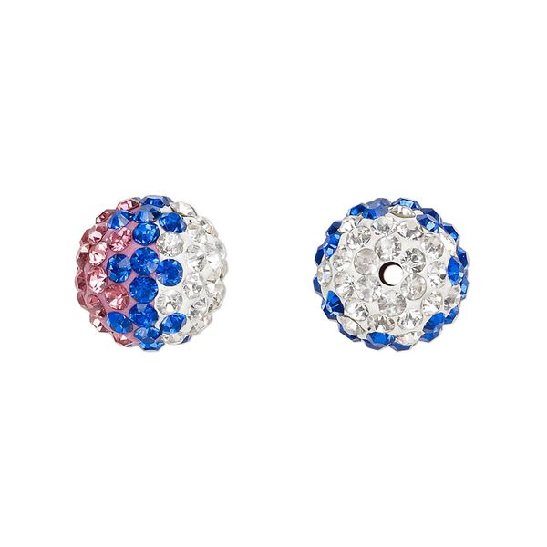 Bead, Egyptian glass rhinestone / epoxy / resin, pink / white / cobalt blue, 12mm round with pavé wave design. Sold individually. image number 0