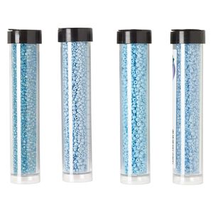Seed bead assortment, Ming Tree™, glass, pkg/(4) 4 x 3/4 inch vials, #11 round, opaque and translucent rainbow ceylon turquoise blue.