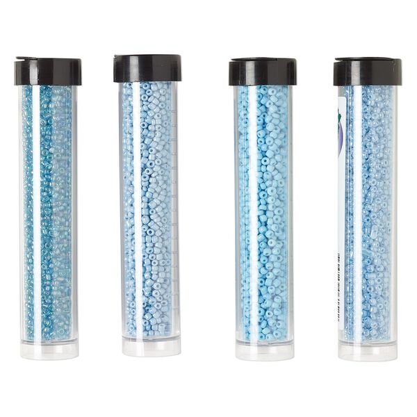 Seed bead assortment, Ming Tree™, glass, pkg/(4) 4 x 3/4 inch vials, #11 round, opaque and translucent rainbow ceylon turquoise blue. image number 0