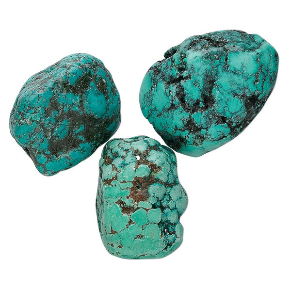 Bead, turquoise / magnesite / "turquoise" (resin) (dyed / stabilized / imitation), blue, medium to extra-large nugget, Mohs hardness 5 to 6. Sold per pkg of 3. image number 0