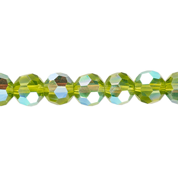 Bead 1pk 32 facets translucent peridot green AB, Celestial Crystal® 8mm round 15.5-16 inch image number 0