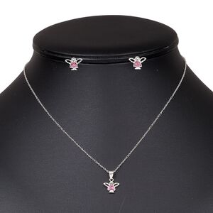 Necklace and earring set, sterling silver / glass rhinestone / enamel, pink and clear, 10.5x8mm angel, 15" to 16" necklace with springring clasp, earring with post. Sold per set.