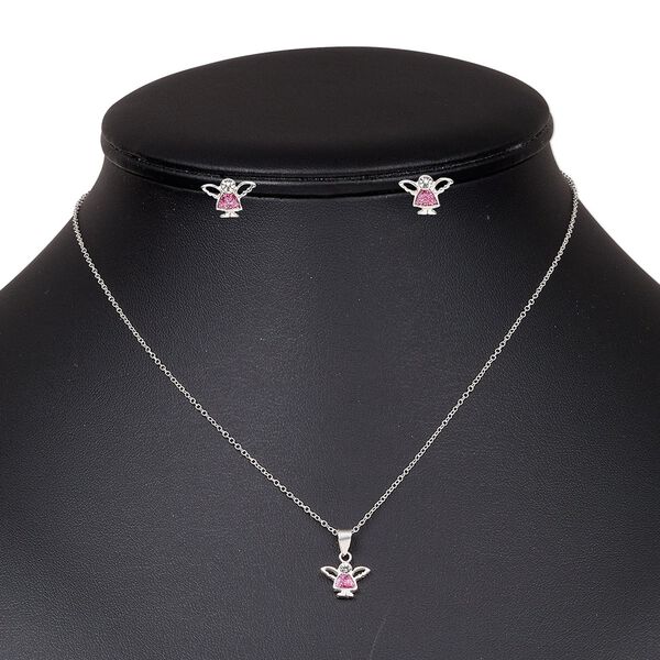 Necklace and earring set, sterling silver / glass rhinestone / enamel, pink and clear, 10.5x8mm angel, 15" to 16" necklace with springring clasp, earring with post. Sold per set. image number 0