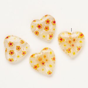 Bead, millefiori glass, clear and translucent multicolored, 18-20mm half-drilled puffed heart. Sold per pkg of 4.