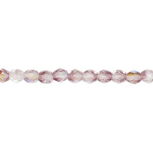 Bead, Czech fire-polished glass, two-tone, crystal/amethyst purple AB, 4mm faceted round. Sold per 15-1/2" to 16" strand.