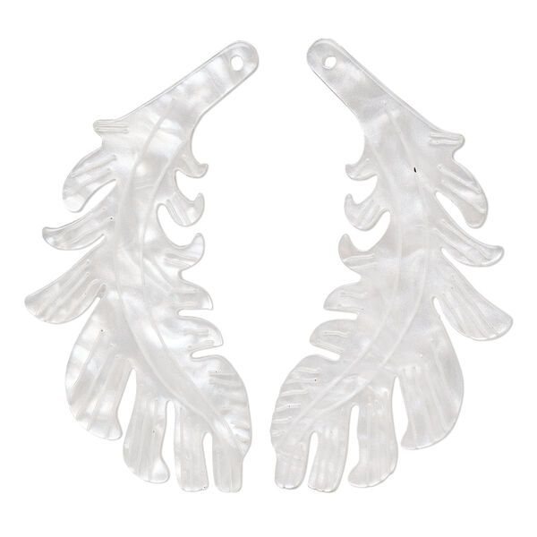 Focal, resin, white, 46x25mm single-sided left and right-facing carved feather. Sold per pair. image number 0