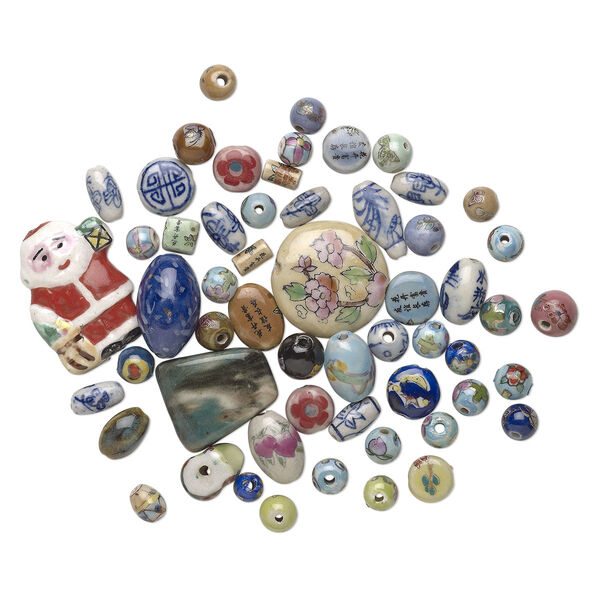 Bead mix, porcelain, mixed colors, 7mm-51x42mm hand-painted mixed shapes with decal. Sold per 1/4 pound pkg, approximately 25-70 beads. image number 2