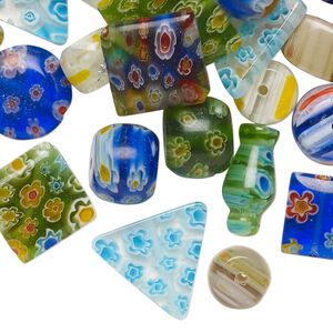 Bead mix, millefiori glass, opaque to transparent multicolored, 12x8mm-18mm mixed shapes. Sold per 4-ounce pkg, approximately 75 beads.