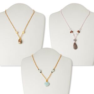 Multi-gemstone / glass / "pewter" (zinc-based alloy) 1pkg3, silver finish / antique gold finish mixed shape necklace 17 inch / lobster claw clasp mix 20mm-40x30mm