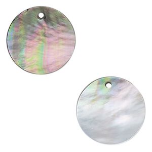 Drop, black lip shell (natural), 20mm flat round, Mohs hardness 3-1/2. Sold per pkg of 2.