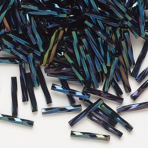 Bead, Miyuki, bugle bead, glass, pkg/250 g, 12x2mm center-drilled twisted, metallic iris opaque dark blue (TW-452).