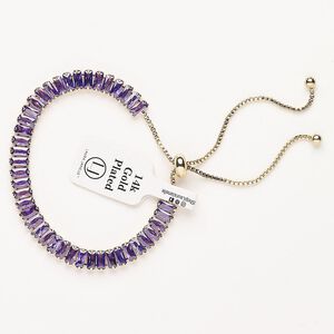 Bracelet, adjustable, brass / glass / silicone, pkg/1, 6 to 10 inches, gold plate and amethyst.