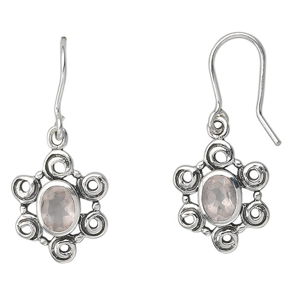 Earring, sterling silver and rose quartz (natural),7x5mm faceted oval, 32x9mm. Sold per pair. image number 0