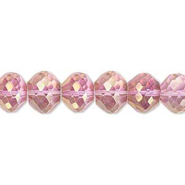 Bead, quartz crystal (coated), pink AB, 10x8mm hand-cut faceted rondelle, B grade, Mohs hardness 7. Sold per pkg of 10. image number 0