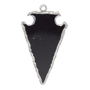 Black onyx / sterling silver 1pkg1, electroplated hand-cut arrowhead charm 36x22mm
