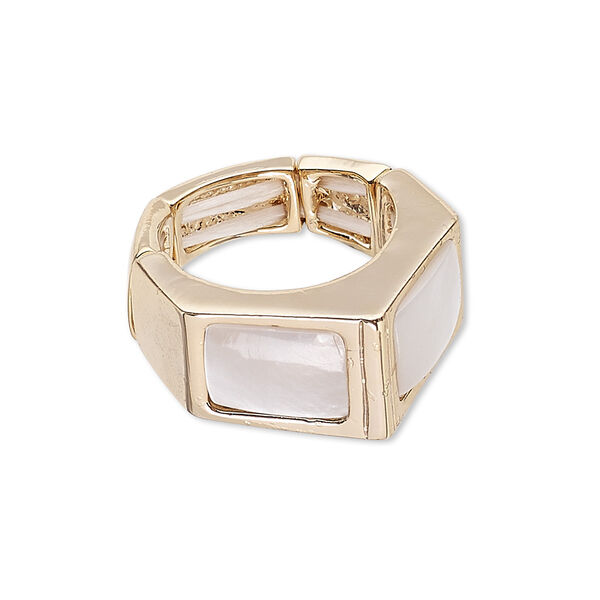 Ring, stretch, mother-of-pearl shell (bleached) and gold-finished "pewter" (zinc-based alloy), white, 12mm wide with square, size 6 to 6-1/2. Sold individually. image number 0