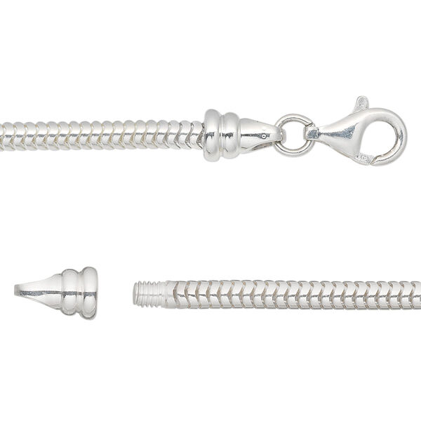 Chain, sterling silver, 3mm snake, 18 inches with lobster claw clasp and (2) 5mm end caps. Sold individually. image number 0